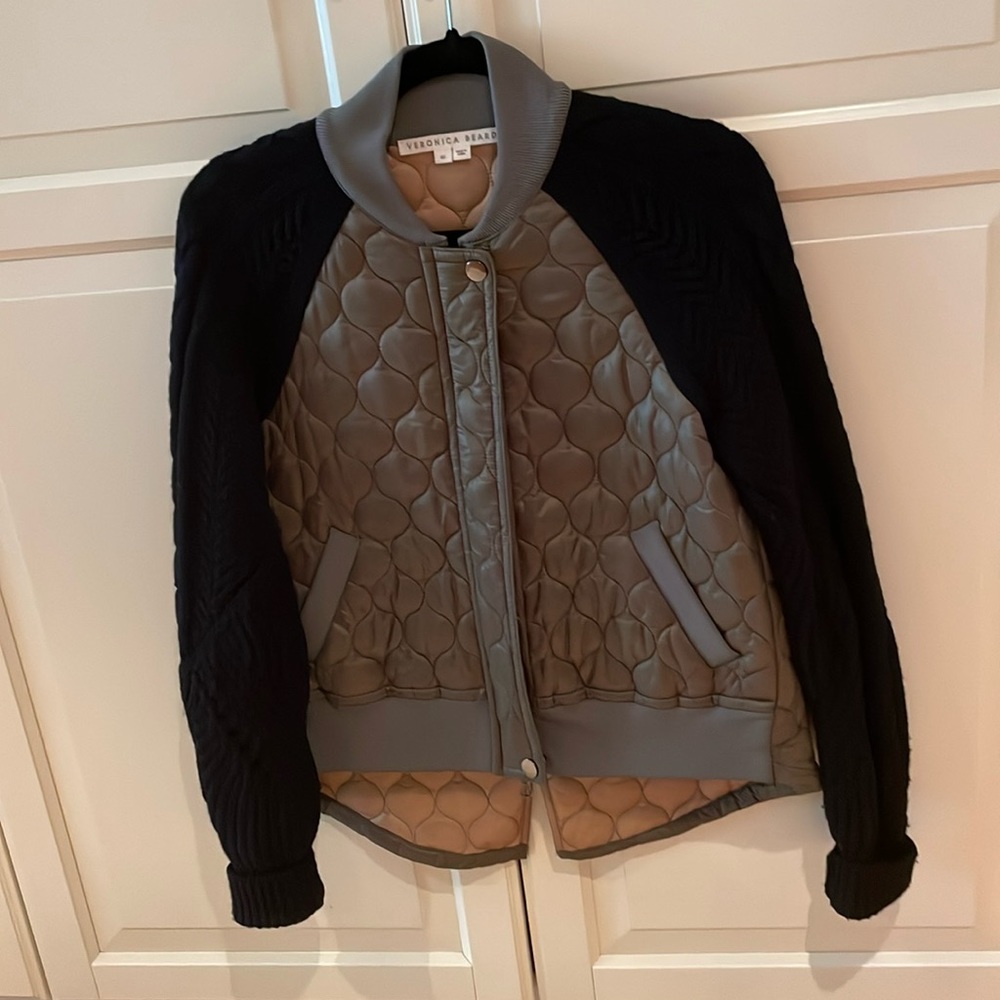 Veronica Beard mixed media barn/bomber jacket. Navy/Green.